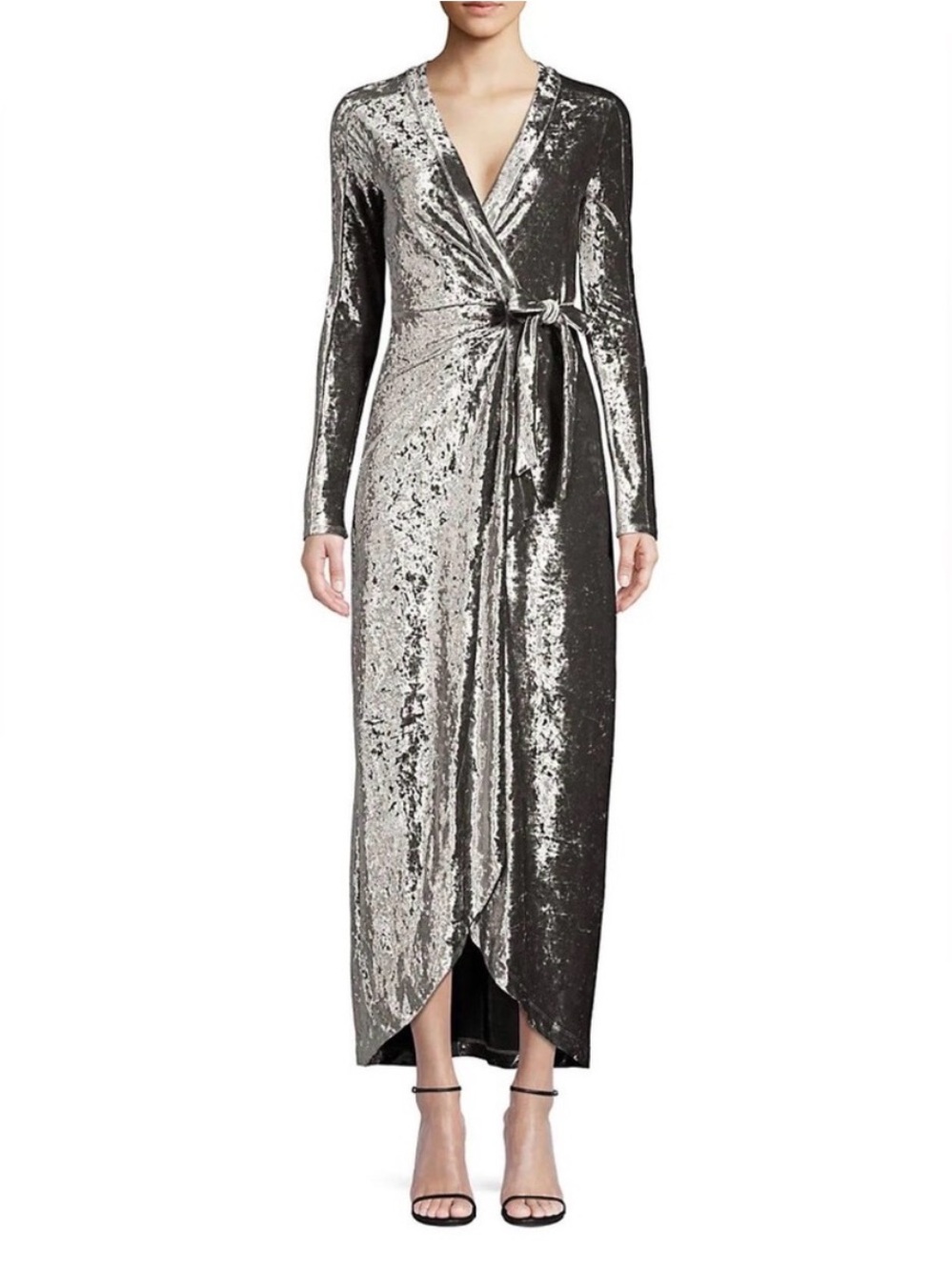 BCBGMAXAZRIA Silver Crushed Velour Wrap Maxi Dress - Long Sleeve Glam - Size L